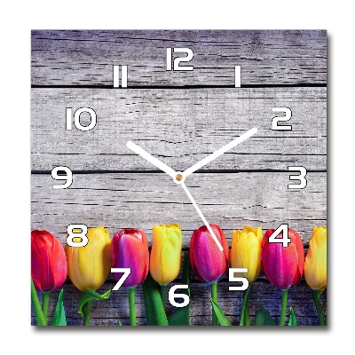 Zegar szklany kwadratowy Tulipany na drewnie