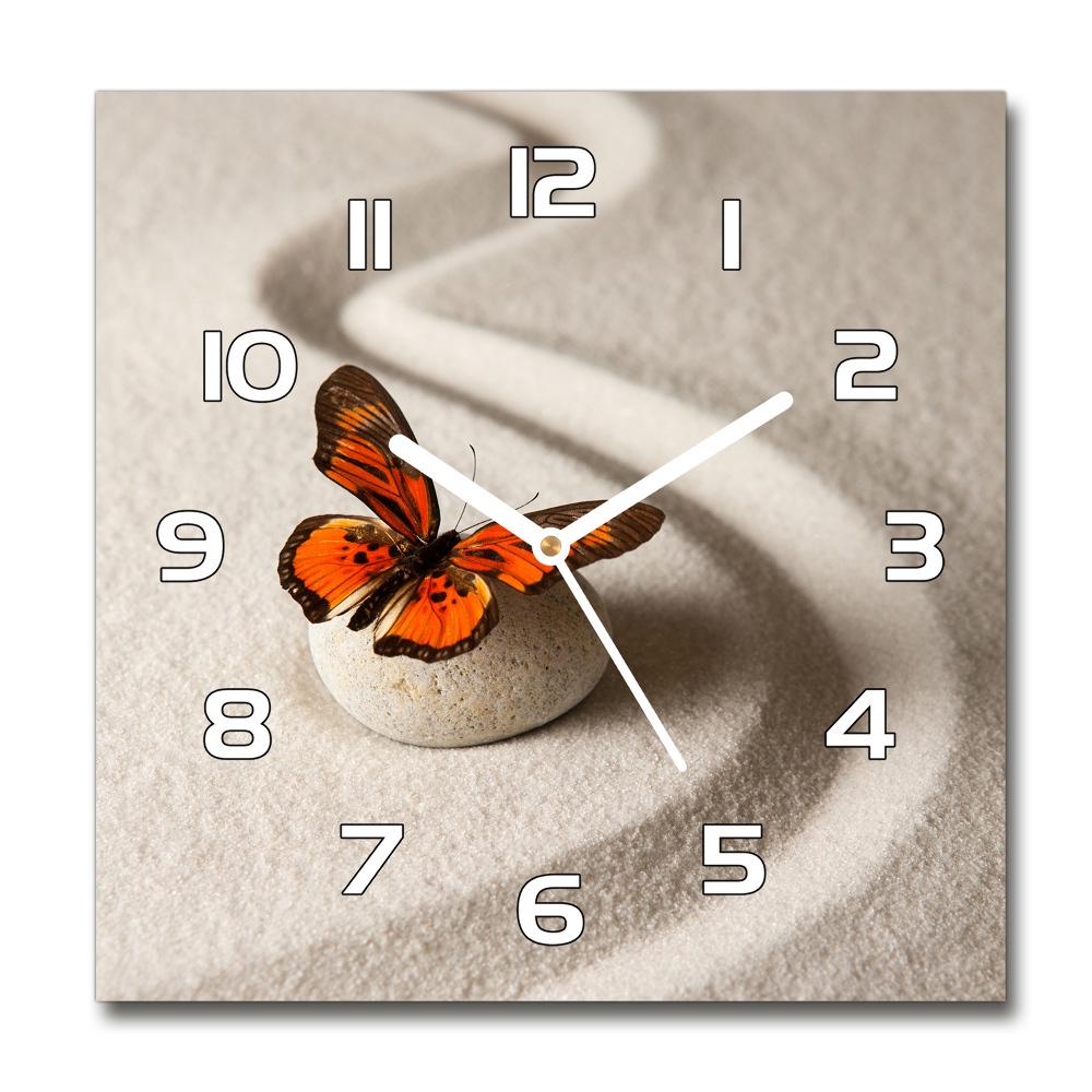 Zegar szklany kwadratowy Kamień zen i motyl