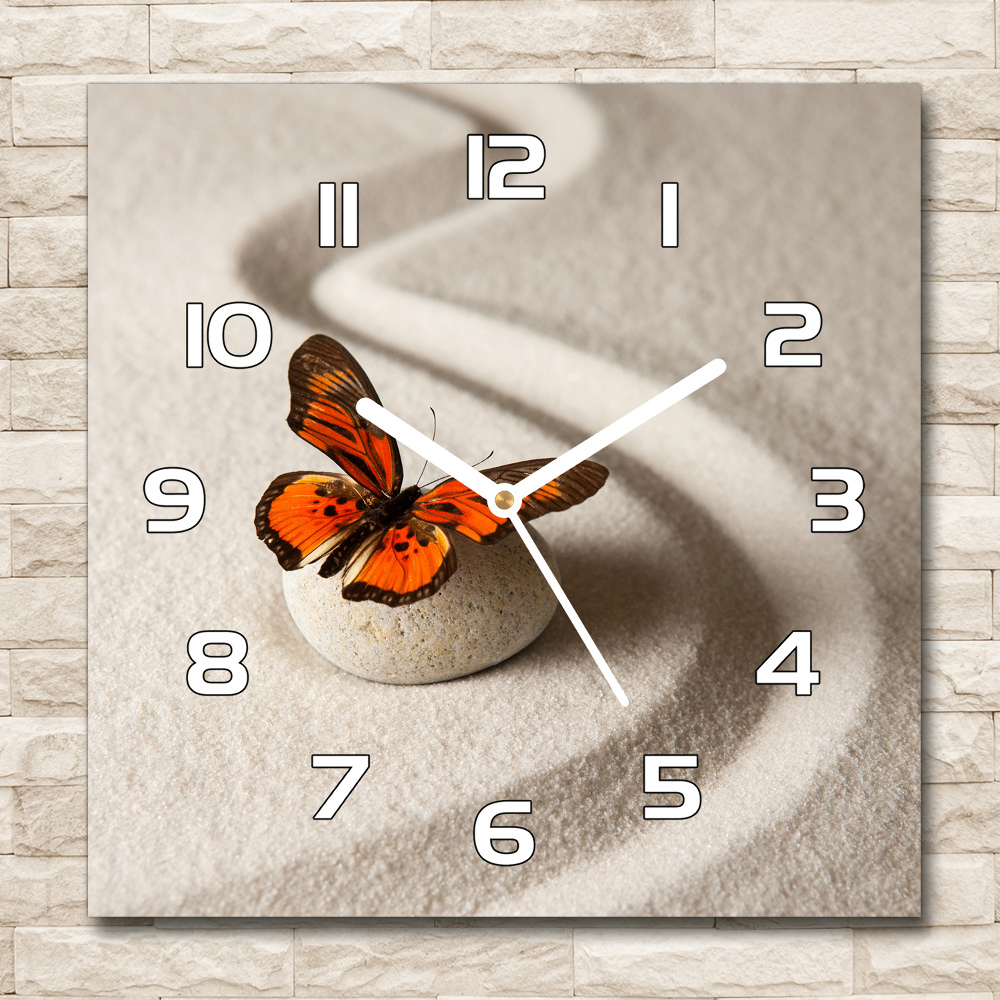 Zegar szklany kwadratowy Kamień zen i motyl