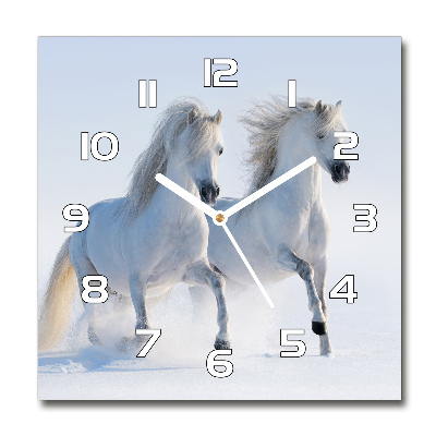 Zegar szklany kwadratowy Dwa konie w śniegu