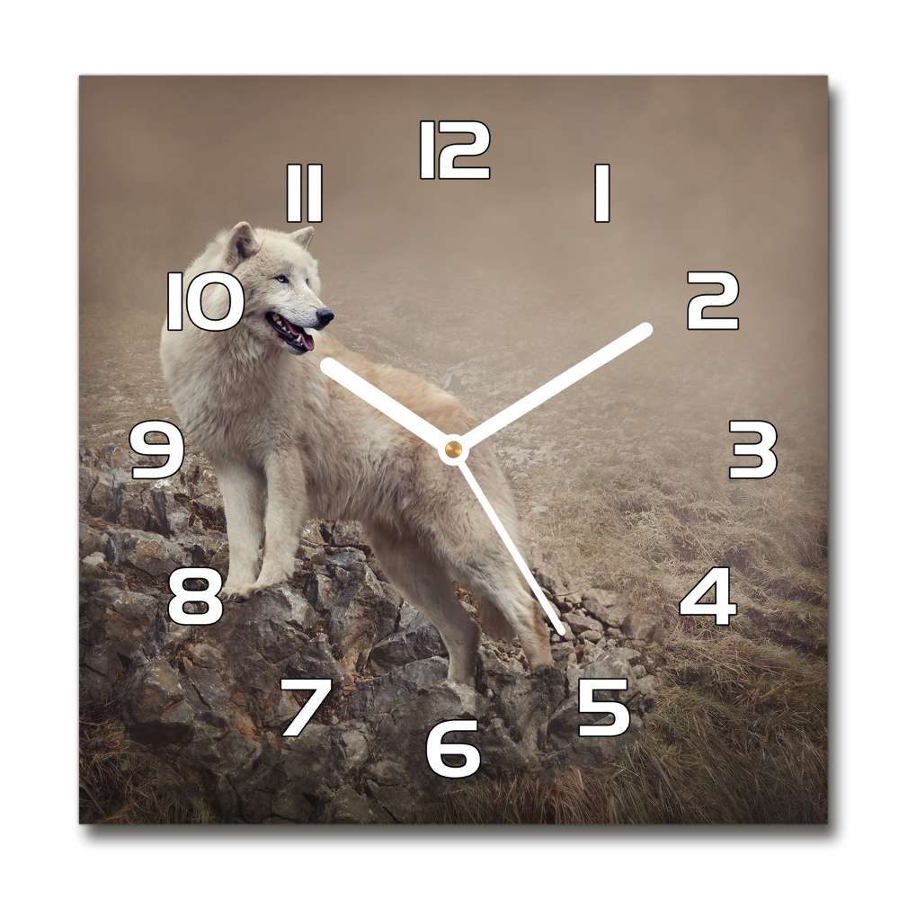Zegar szklany kwadratowy Biały wilk na skale