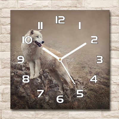 Zegar szklany kwadratowy Biały wilk na skale