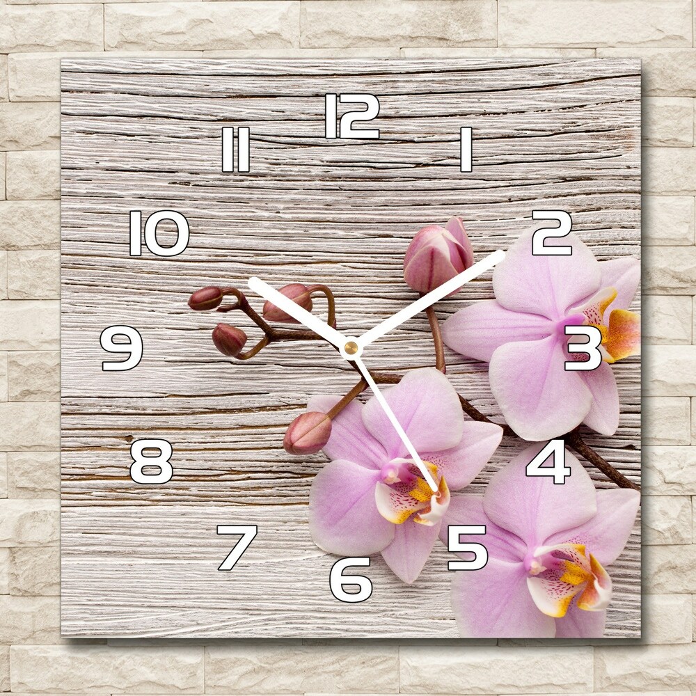 Zegar szklany kwadratowy Orchidea na drewnie