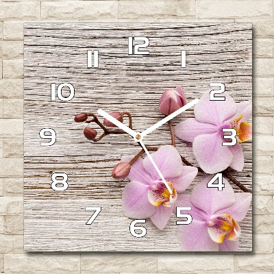 Zegar szklany kwadratowy Orchidea na drewnie