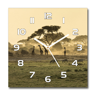 Zegar szklany kwadratowy Żyrafy na sawannie
