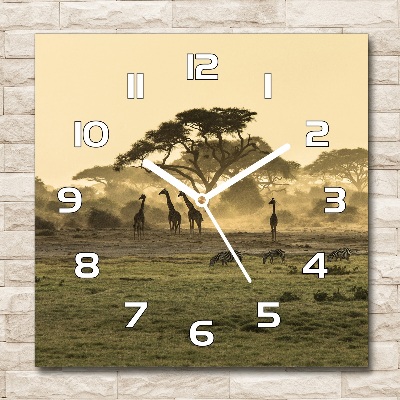 Zegar szklany kwadratowy Żyrafy na sawannie