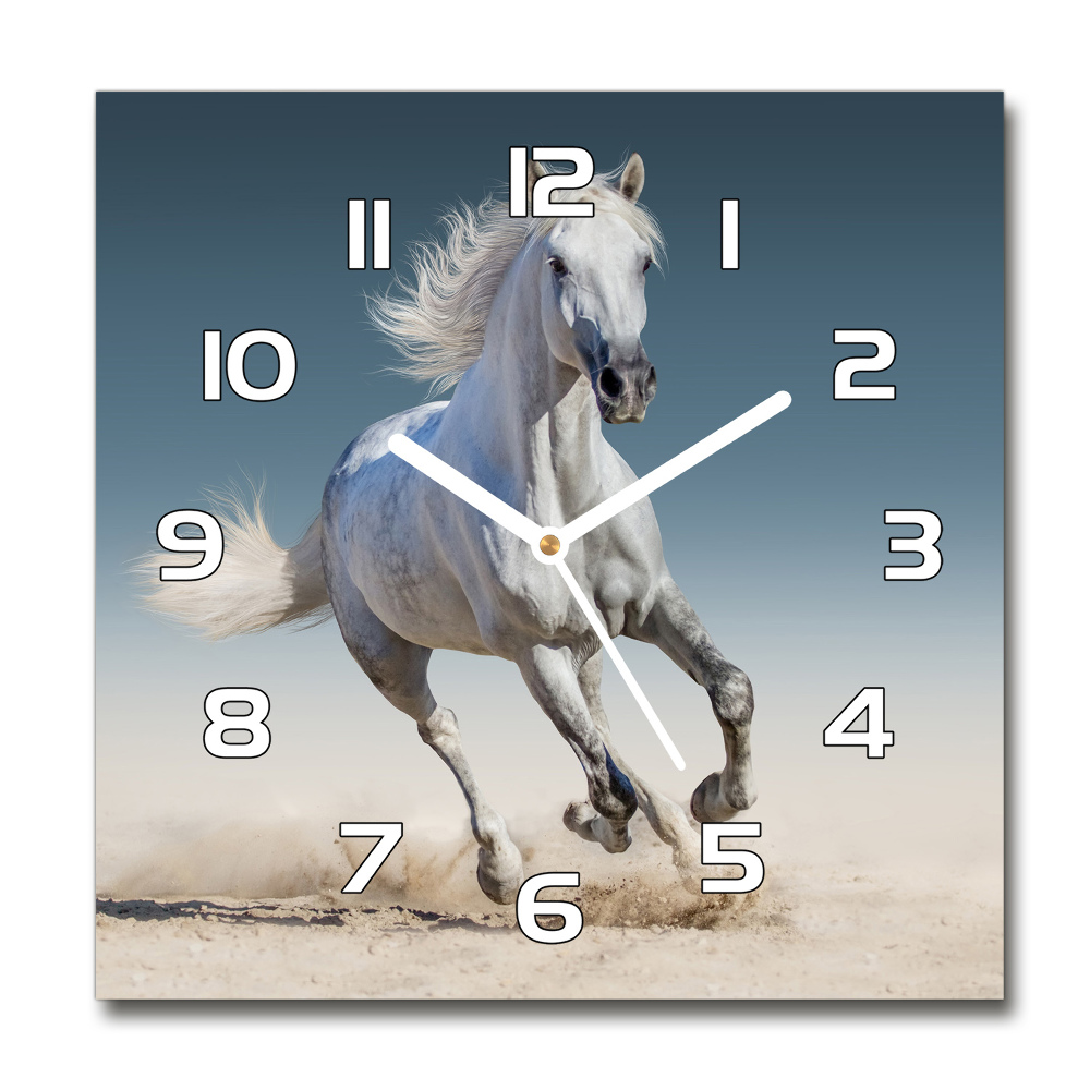 Zegar szklany kwadratowy Biały koń w galopie