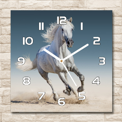 Zegar szklany kwadratowy Biały koń w galopie