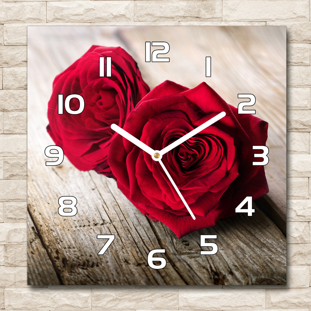 Zegar szklany kwadratowy Róże na drewnie