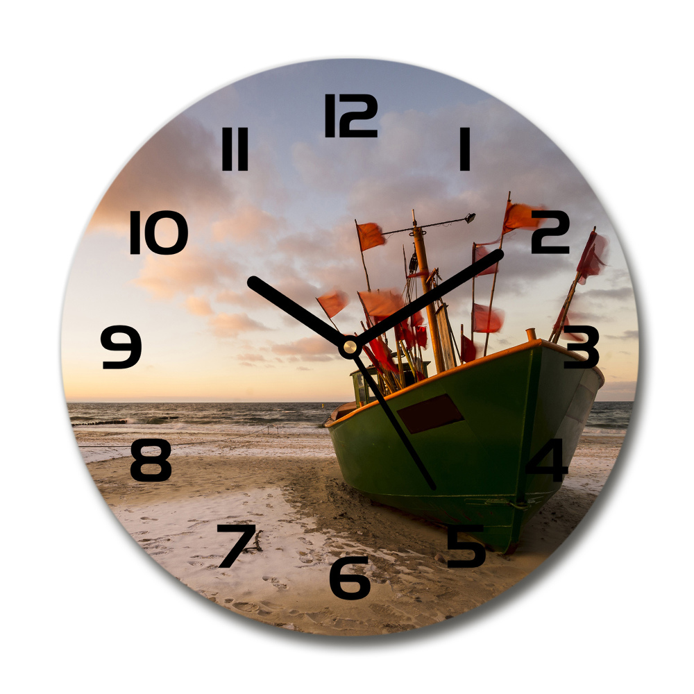 Zegar szklany okrągły Kuter rybacki plaża