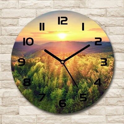 Zegar szklany okrągły Las zachód słońca