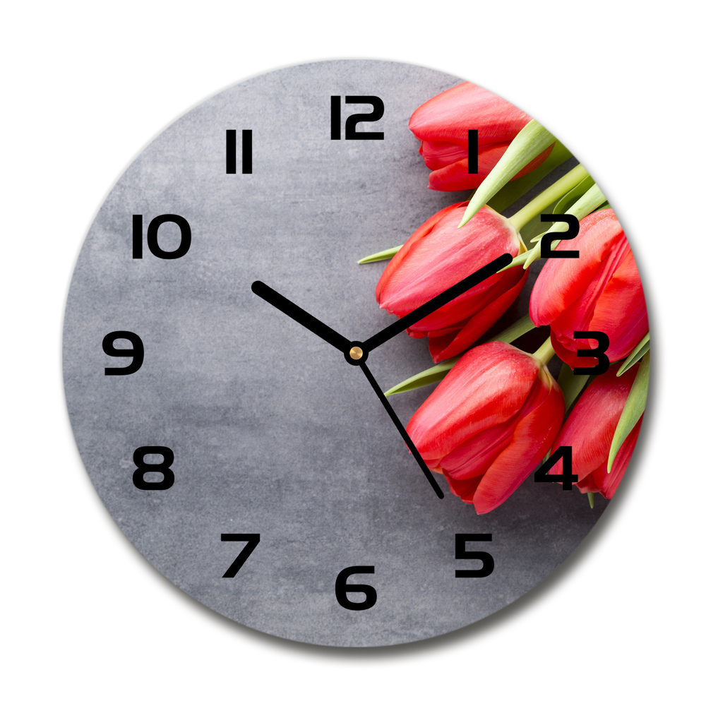 Zegar szklany okrągły Czerwone tulipany