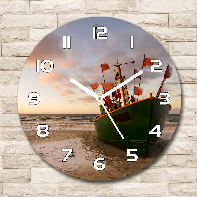 Zegar szklany okrągły Kuter rybacki plaża