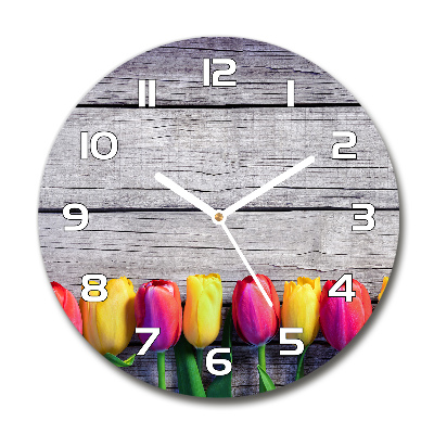 Zegar szklany okrągły Tulipany na drewnie