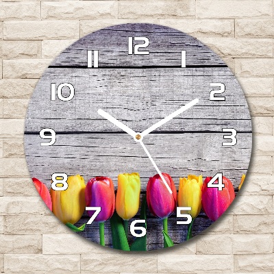 Zegar szklany okrągły Tulipany na drewnie