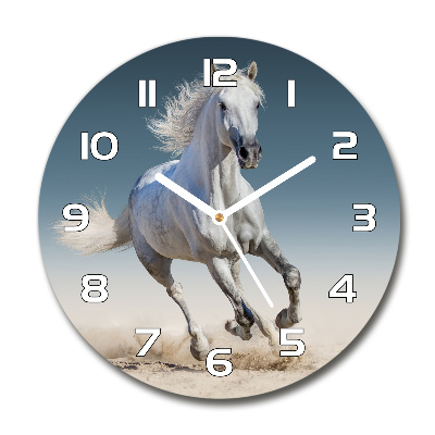 Zegar szklany okrągły Biały koń w galopie