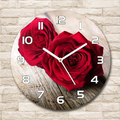 Zegar szklany okrągły Róże na drewnie