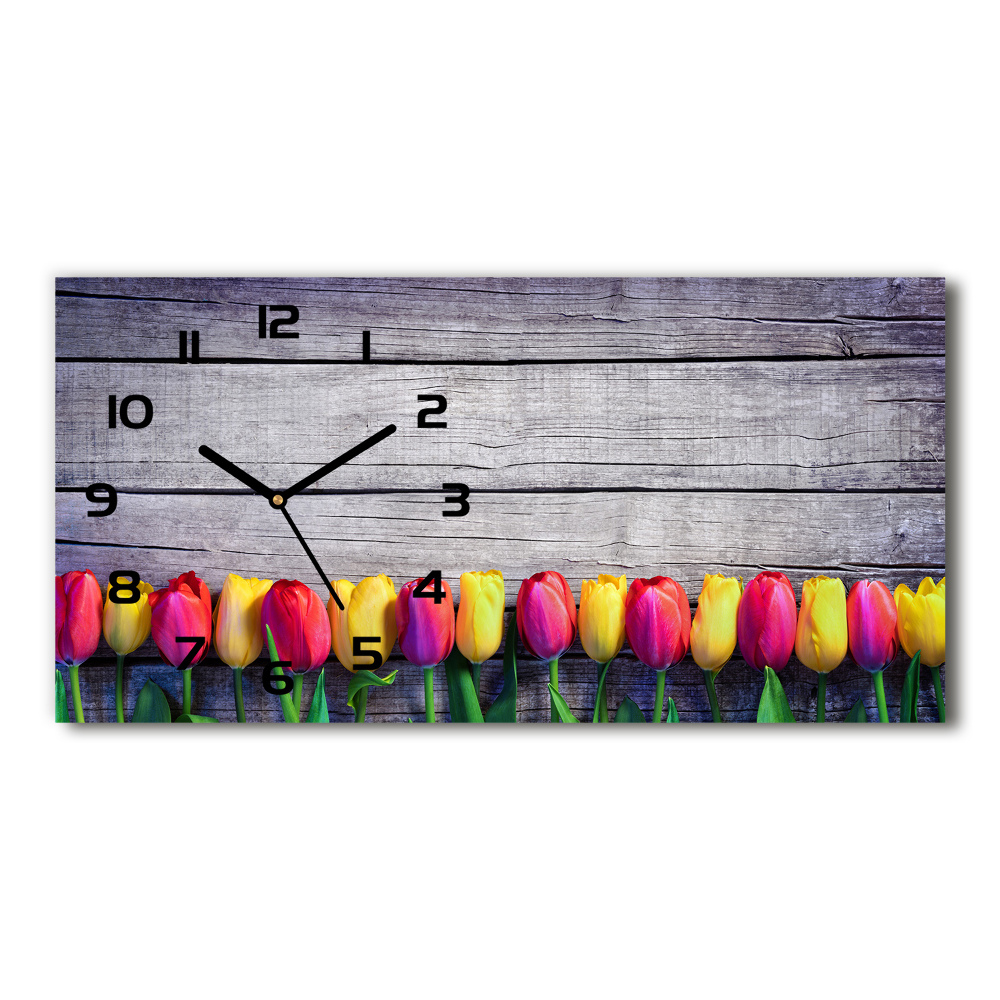 Zegar ścienny szklany Tulipany na drewnie