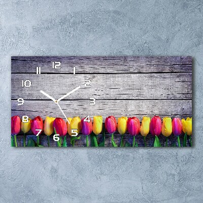 Zegar ścienny szklany Tulipany na drewnie