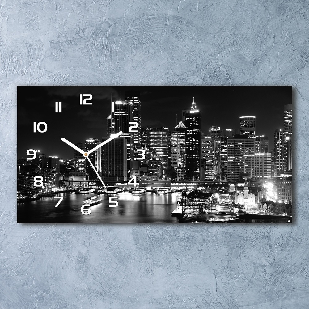 Nowoczesny zegar ścienny szklany Sydney nocą