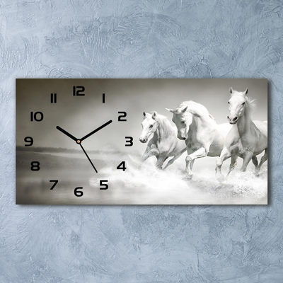 Nowoczesny zegar ścienny szklany Białe konie