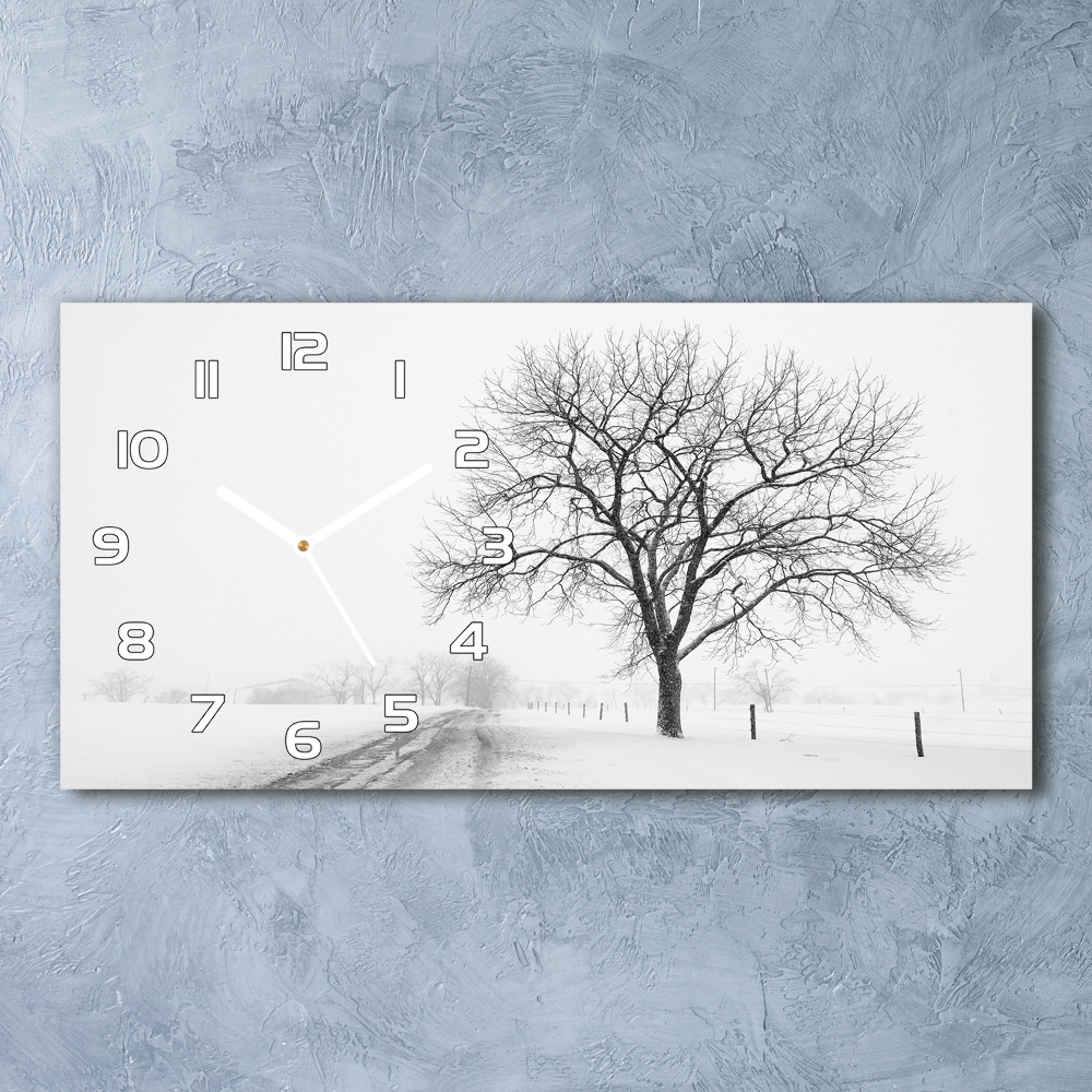 Nowoczesny zegar ścienny szklany Drzewo zimą