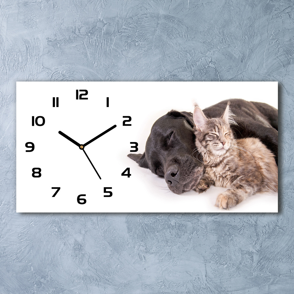 Zegar ścienny szklany cichy Pies z kotem