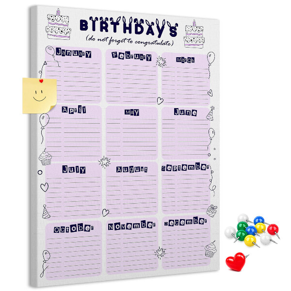 Tablica korkowa na ścianę Kalendarz urodzin z kolorowymi balonami
