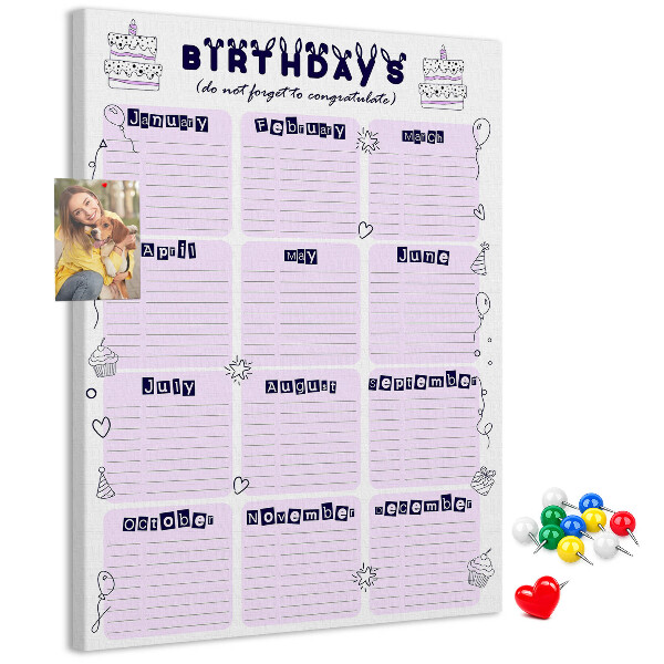 Tablica korkowa na ścianę Kalendarz urodzin z kolorowymi balonami