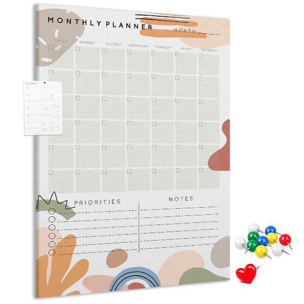 Tablica korkowa na ścianę Kolorowy planner miesięczny z abstrakcyjnymi kształtami