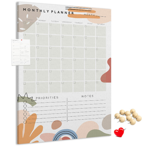 Tablica korkowa na ścianę Kolorowy planner miesięczny z abstrakcyjnymi kształtami