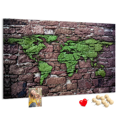 Tablica korkowa ozdobna Zielona mapa świata na kamiennej ścianie