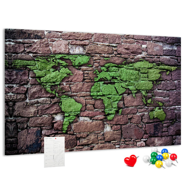 Tablica korkowa ozdobna Zielona mapa świata na kamiennej ścianie