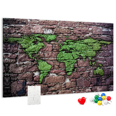 Tablica korkowa ozdobna Zielona mapa świata na kamiennej ścianie