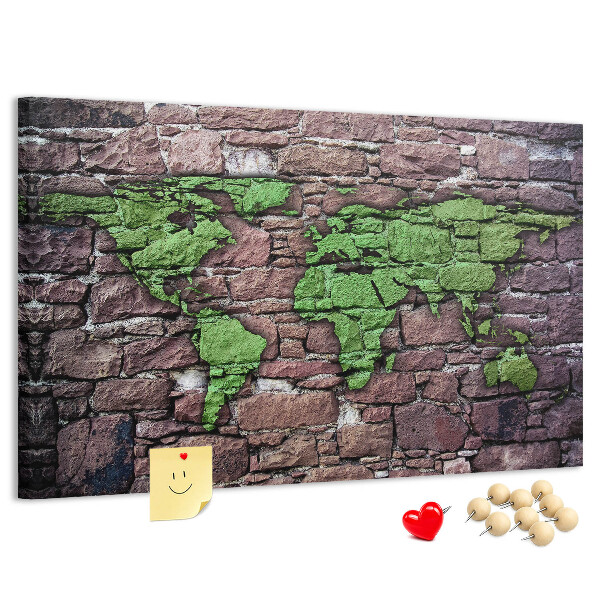 Tablica korkowa ozdobna Zielona mapa świata na kamiennej ścianie