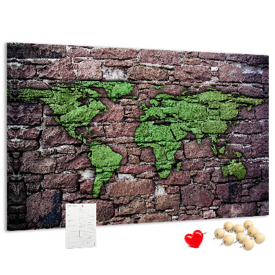Tablica korkowa ozdobna Zielona mapa świata na kamiennej ścianie