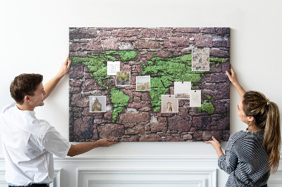 Tablica korkowa ozdobna Zielona mapa świata na kamiennej ścianie