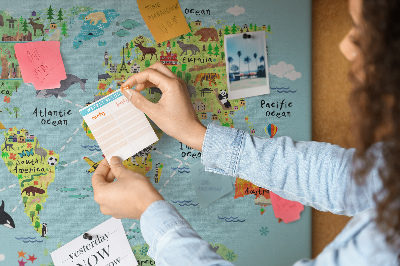 Tablica korkowa z nadrukiem Kolorowa mapa świata z zwierzętami i kontynentami