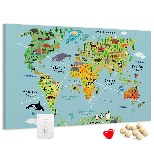 Tablica korkowa z nadrukiem Kolorowa mapa świata z zwierzętami i kontynentami