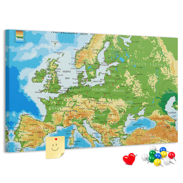 Tablica korkowa Mapa Europy z oznaczeniami geograficznymi.