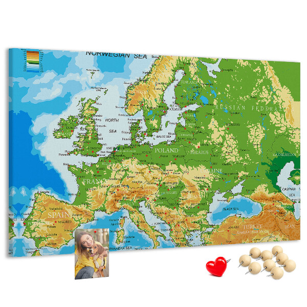 Tablica korkowa Mapa Europy z oznaczeniami geograficznymi.