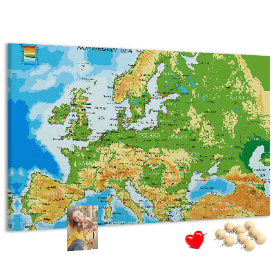 Tablica korkowa Mapa Europy z oznaczeniami geograficznymi.