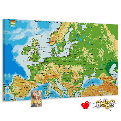 Tablica korkowa Mapa Europy z oznaczeniami geograficznymi.