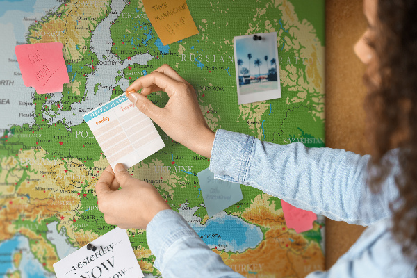 Tablica korkowa Mapa Europy z oznaczeniami geograficznymi.
