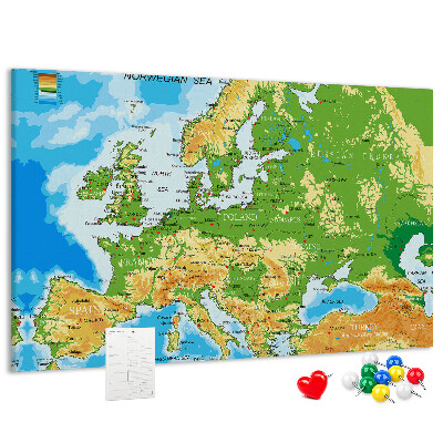 Tablica korkowa Mapa Europy z oznaczeniami geograficznymi.