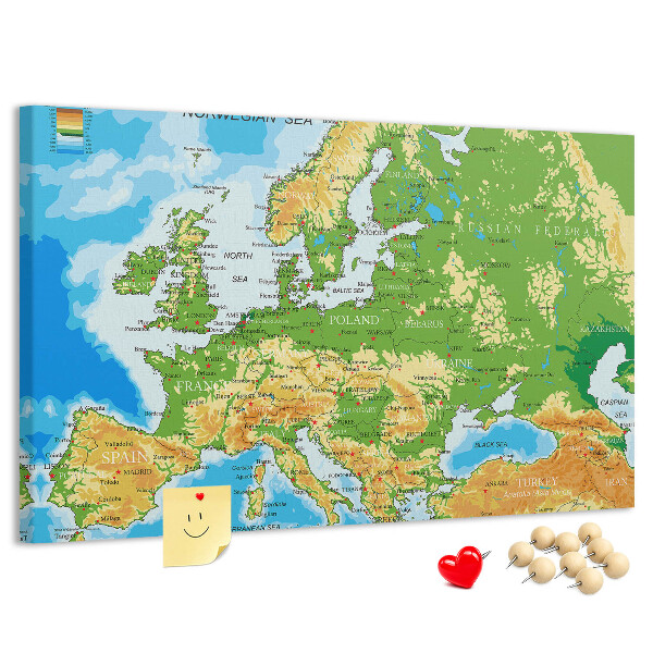 Tablica korkowa Mapa Europy z oznaczeniami geograficznymi.