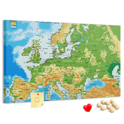 Tablica korkowa Mapa Europy z oznaczeniami geograficznymi.
