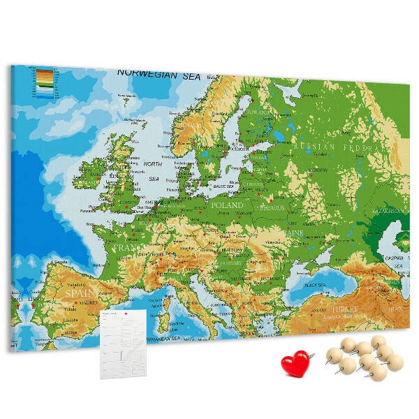 Tablica korkowa Mapa Europy z oznaczeniami geograficznymi.