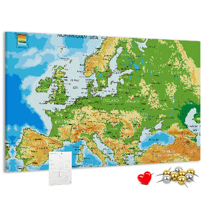 Tablica korkowa Mapa Europy z oznaczeniami geograficznymi.
