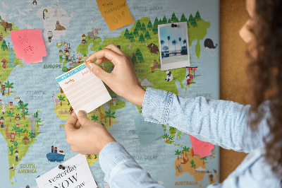 Tablica korkowa ozdobna Kolorowa mapa świata z postaciami zwierząt.